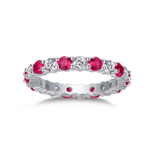 Elegant S925 silver eternity band ring with alternating red rubies and white cubic zirconia