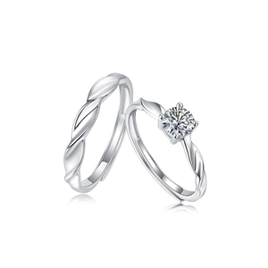 Detail of adjustable S925 sterling silver couple rings with moissanite center stones