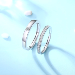 Adjustable S925 sterling silver couple rings set with square and pave cubic zirconia