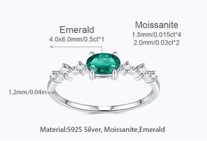 Vue détaillée bague émeraude argent S925 montrant largeur anneau 1,2mm et moissanites
