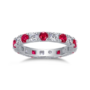 Elegante anello eternity in argento sterling S925 con rubini rossi e diamanti rotondi alternati