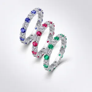 925 Sterling Silver Lab Grown Sapphire Ruby Emerald Moissanite Eternity Ring Luxury Round Cut Wedding Band Women Jewelry