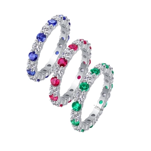 S925 sterling silver eternity rings set with blue, red, and green lab-grown gemstones