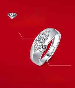 Detail view of oval moissanite ring in S925 silver with adjustable band on red background