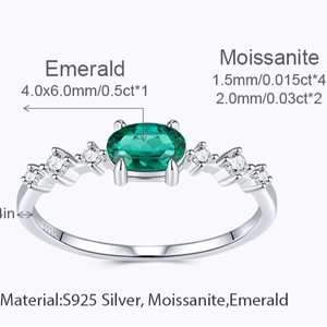 Bague en argent S925 avec émeraude ovale et détails en moissanite pour femmes