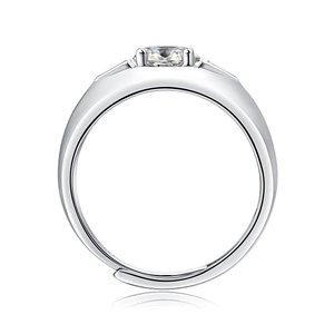 Macro view of adjustable S925 sterling silver ring featuring a four-prong set moissanite
