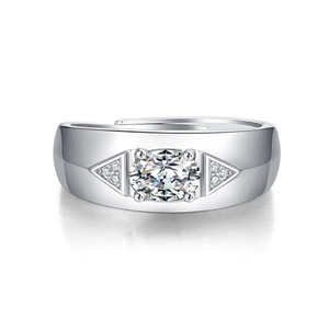 Men's S925 sterling silver moissanite ring with large oval stone and adjustable band