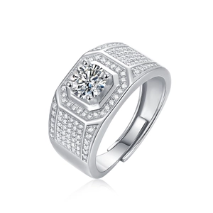 Macro side view showing the 4-prong moissanite setting and adjustable S925 silver band