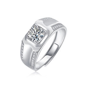 Macro detail of men's S925 silver moissanite ring with square bezel and side diamonds