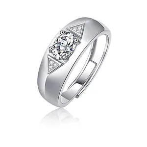 925 Sterling Silver Moissanite Ring For Men Adjustable Open Ring Oval Round Sparkling Stone Wedding Business Band Jewelry