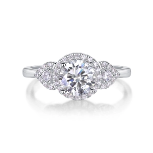 S925 Sterling Silber Halo Ring mit großem runden Diamanten und Birnen-Seitensteinen