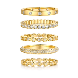 Elegant set of five gold plated S925 silver rings with moissanite stones for stacking