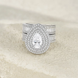 Set di anelli di lusso in argento S925 con moissanite a goccia e doppio alone di diamanti