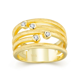 Detailed macro view of S925 silver layered ring with brushed gold finish and 4 zircons