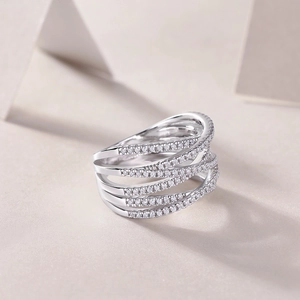 Elegant multi-layer crossover S925 sterling silver ring with micro-pave moissanite stones