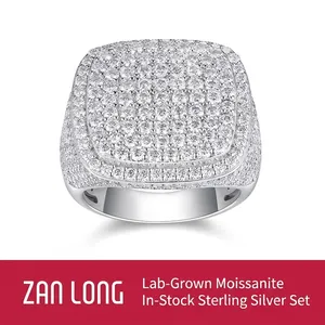 Bague Moissanite Hip Hop Homme Argent Sterling 925 Iced Out Pavé Incrusté Face Carrée Punk Rock Bijoux Bague Moissanite