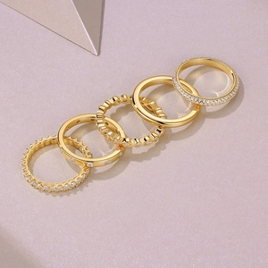 Luxury S925 sterling silver five-piece stackable gold ring set with moissanite accents