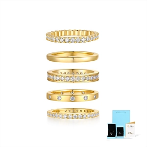 Detailed stack of five gold-plated S925 silver rings with Moissanite stone accents