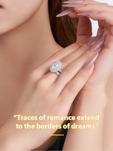 Detailed close-up of S925 sterling silver halo ring with oval cut moissanite on finger