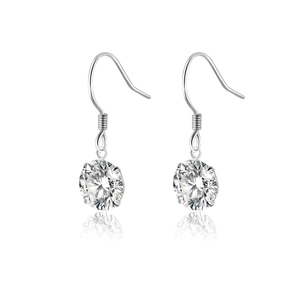 Detail view of S925 sterling silver drop earrings with brilliant round cut moissanite stones