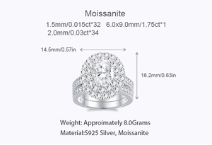 Detailed specs of S925 silver ring set with 1.75ct oval moissanite and halo stones