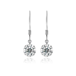 Macro detail of S925 sterling silver drop earrings with brilliant round moissanite