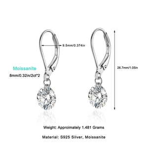 S925 Sterling Silver Leverback Earrings featuring 8mm 2ct Round Cut Moissanite stones