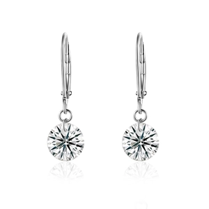 Macro view of minimalist S925 sterling silver leverback earrings with round moissanite