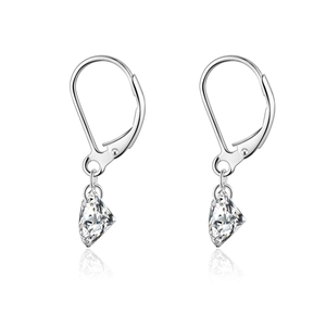 Macro shot of S925 sterling silver leverback earrings with sparkling pear-cut gemstones