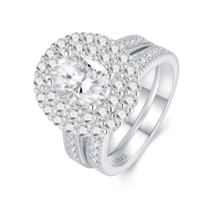 Exquisite S925 sterling silver ring with oval moissanite and double halo pavé setting