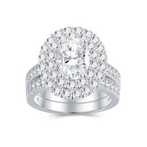 Close-up of S925 sterling silver bridal ring set with moissanite and double halo detail