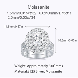Exquisite S925 sterling silver ring set featuring a 1.75ct oval moissanite and side stones