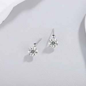 Detail of S925 sterling silver drop earrings with brilliant round cut moissanite stones