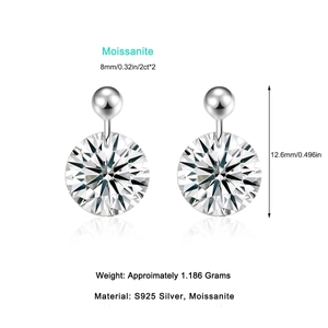 Elegant 2 carat Moissanite drop earrings in S925 sterling silver with 8mm round stones