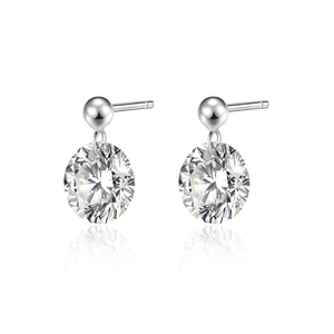 Detailed view of S925 sterling silver drop earrings with round faceted moissanite stones