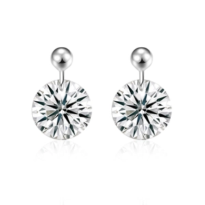Close-up of S925 sterling silver dangle earrings featuring round-cut moissanite stones