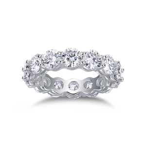 Close-up of eternity ring with round Moissanite stones in S925 sterling silver band