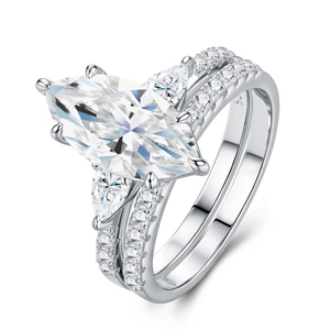 Conjunto de anillos en plata S925 con moissanita talla marquise para joyería de boda
