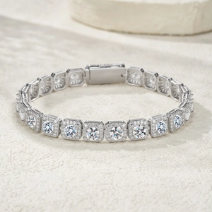 Square S925 sterling silver tennis bracelet featuring radiant moissanite halo stones