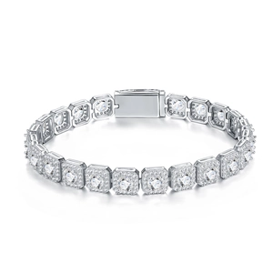 Close-up of square halo link tennis bracelet with round moissanite in S925 silver