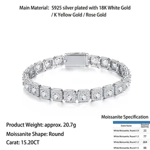 Square S925 sterling silver moissanite tennis bracelet with 15.20CT sparkling gemstones