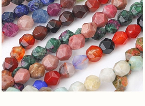 Detailed macro shot of faceted natural stone beads including lapis and agate