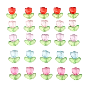 Detailed view of 25 acrylic tulip beads in five colors for DIY jewelry making