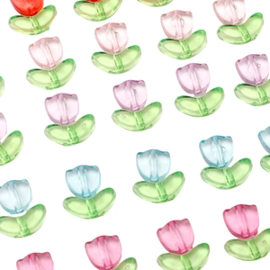 Macro shot of colorful acrylic tulip flower and leaf beads for DIY jewelry making