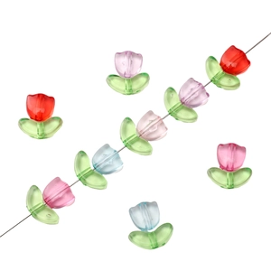 DIY colorful acrylic tulip flower beads with green leaf bases for jewelry making