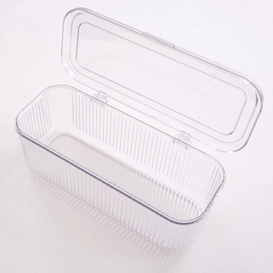 Transparent rectangular plastic storage box with vertical stripes and flip top lid