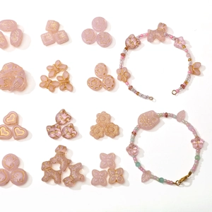Pink Glass Czech Beads For DIY Jewelry Making Vintage Gold Painted Heart Butterfly Animal Shape Loose Spacer Beads Material