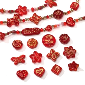 Red glass bead set with sunflower and animal shapes for DIY jewelry making
