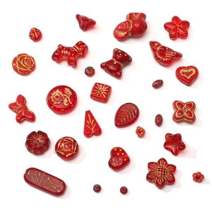 Czech Glass Beads For DIY Jewelry Making Red Gold Engraved Clover Elephant Heart Shapes Loose Beads For Bracelet Necklace