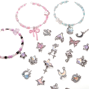 Y2K style bead jewelry set with pink butterfly, purple star and blue moon alloy charms